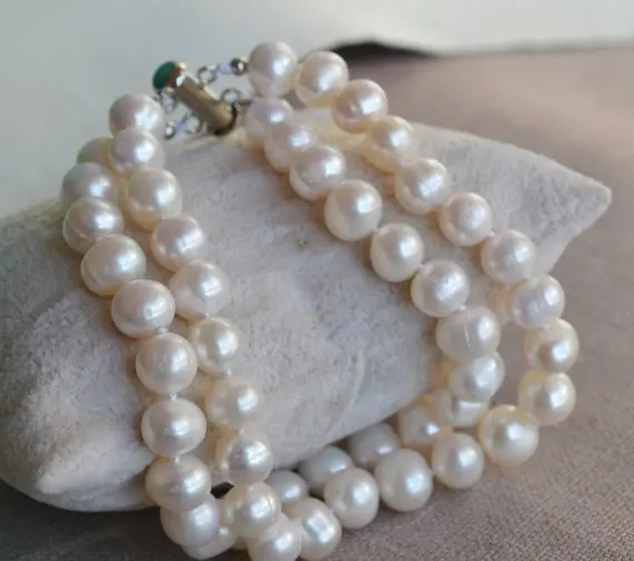 

Perfect Women's Pearl Jewelry, White 100% Real Freshwater Pearl Bracelet,8 Inches AA 8-9mm 2Rows Fashion Lady's Jewelry