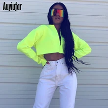 Auyiufar Neon Green Long Sleeve Sweatshirt Zipper Fly Cropped Fashion Loose Streetwear Knitted Hooded Shinning Moletom Women Top Auyiufar Neon Green Long Sleeve Sweatshirt Zipper Fly Cropped Fashion Loose Streetwear Knitted Hooded Shinning Moletom Women Top