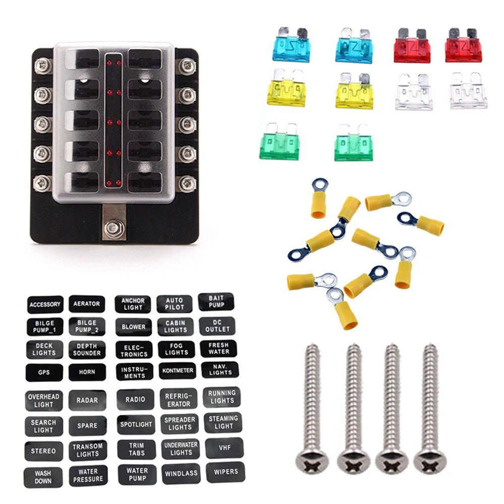 10 weg Auto Blade Fuse Box RV Lkw Marine Boot Sicherung Block Mit Sicherung Spade Klemmen Verdrahtung Kits Led anzeige in 10 weg Auto Blade Fuse Box RV Lkw ...