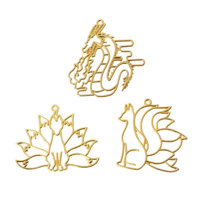 

4Pcs Fox Dragon Open Bezel Charm Metal Frame Hollow Pendant UV Resin Jewelry DIY New