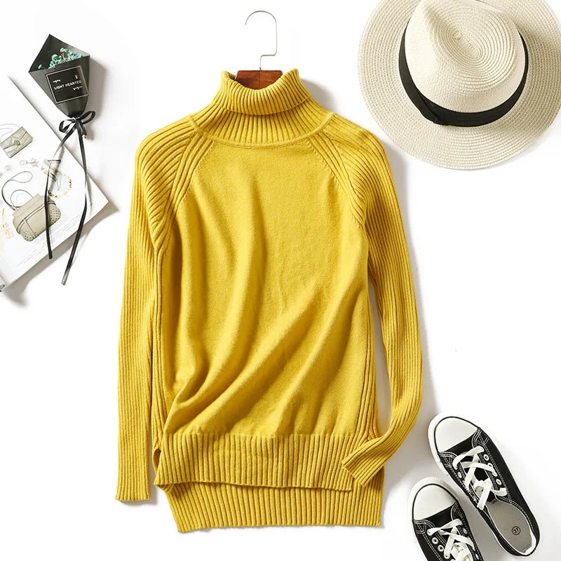 Желтый трикотажный пуловер женский осень зима женский джемпер белый толстый длинный рукав водолазка женский свитер с высоким горлом
