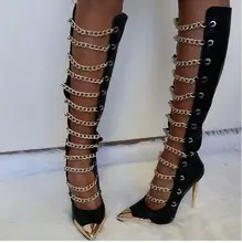 Sexy Style Women Gold Metal Pointed Toe Stiletto Shoes Hollow Out Chain Decoration Knee High Long Boots Cut Out Sandals Boots two tone cut out chain bag