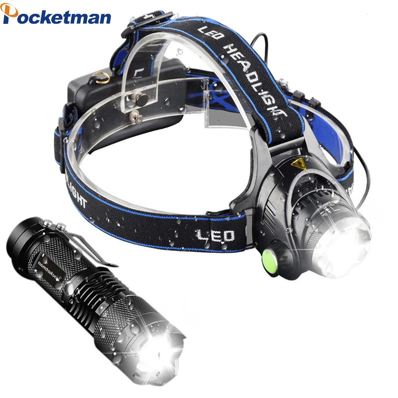 

LED Frontal Headlamp 4000LM T6 18650 Head lights Linternas Lampe + Q5 Mini LED flashlight 2000lm Zoomable Torch Tactical