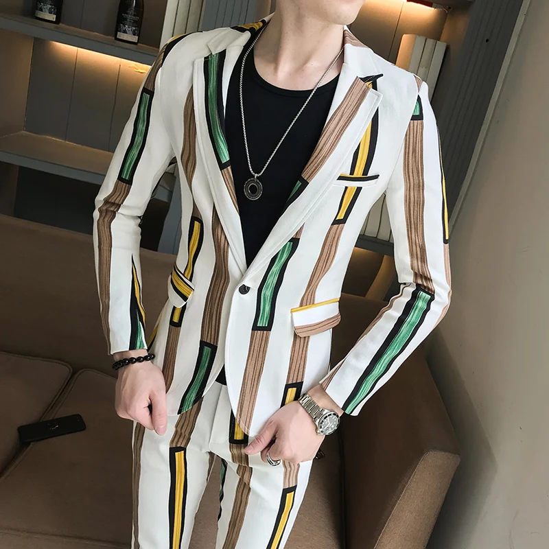 

Stripe Mens Party Suits Floral Mens Stage Clothing Fashion Mens Slim Fit Suits with Pant Prom Skinny Suits Fashion Costume Homme