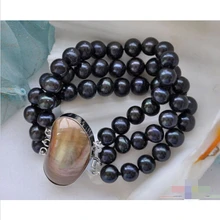 3row " 10 мм черный круглый пресноводных жемчужный браслет p3726 благородный стиль естественно прекрасно jewe быстрая