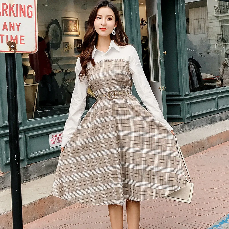 

ICHOIX A-line patchwork long dress casual vintage plaid dress high streetwear Korean elegant women vestidos winter dress 2019