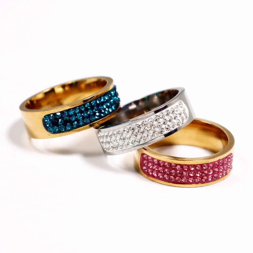 Высокое качество известный бренд циркон кольцо 8 мм Половина Круг три ряда Кристалл 316L нержавеющая сталь палец кольца для мужчин и женщин