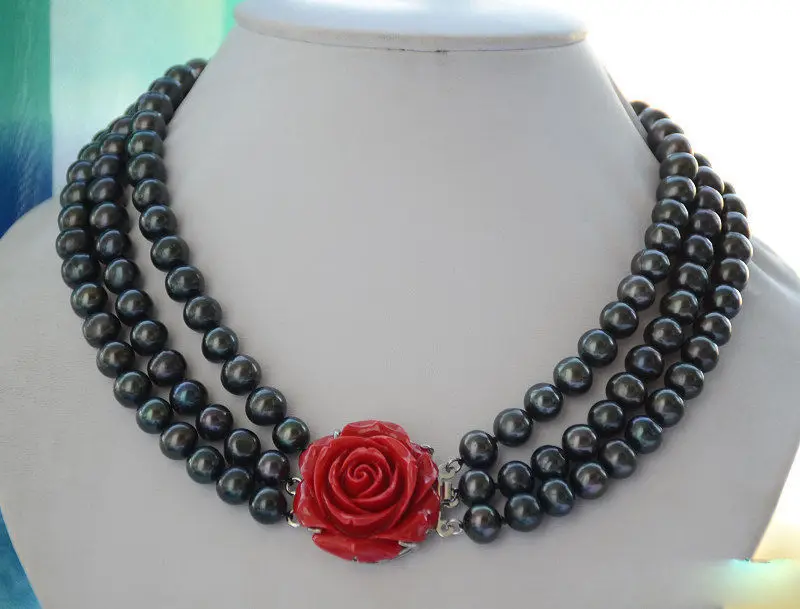 

FREE SHIPPING **** 3strands 10mm black round freshwater pearl necklace 19inch