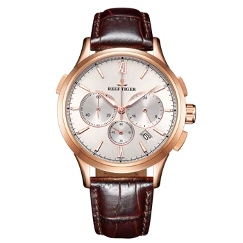 

Reef Tiger/RT Luxury Top Brand Mens Watches With Chronograph Quartz Watch Rose Watch White Dial Leather Strap Watch RGA1669
