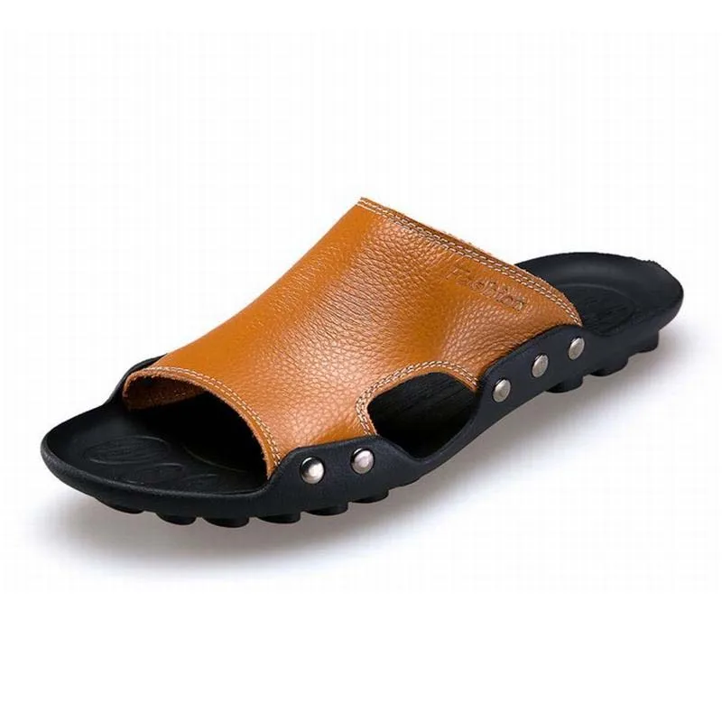 

Genuine Leather Men Sandals Luxury Breathable Men Slippers 2018 Summer Flat Heel Casual Men Beach Flip Flops Manual Sewing New