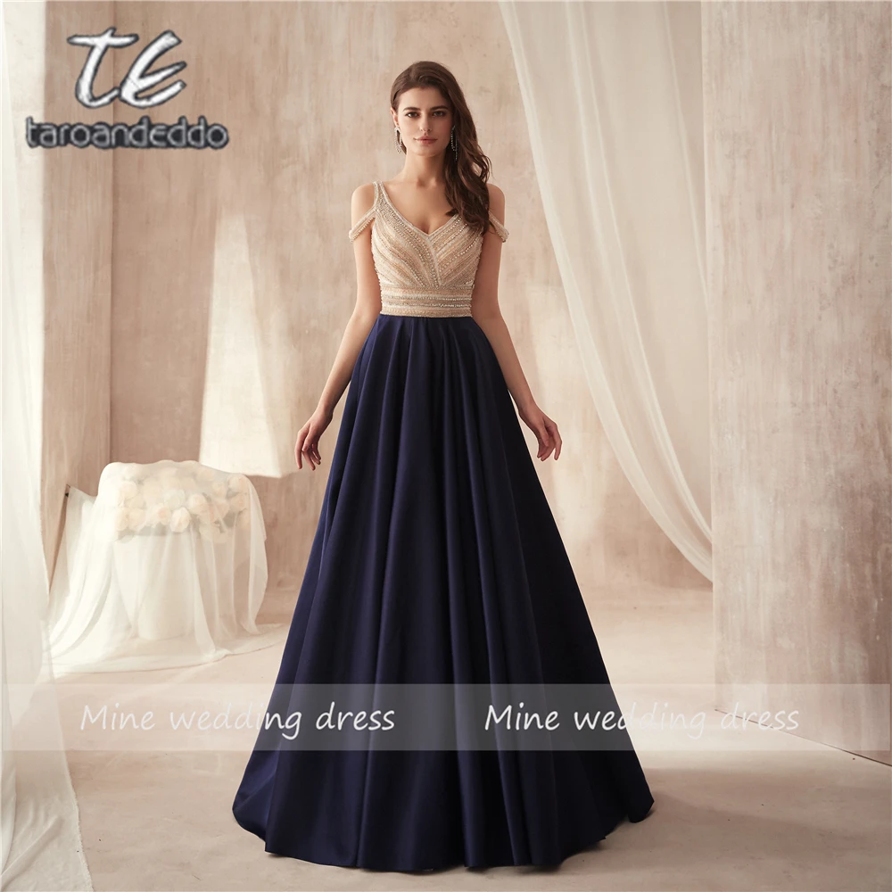

Off the Shoulder Two Stones Beading Bodice A-line Dark Blue Matte Satin Prom Dress Elegant Floor Length Long Evening Dress