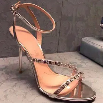

PVC Summer Zapatillas Mujer Crystal Bling Sandals Women Thin High Heel Mature Ladies Shoes Solid Trend Wedding Chaussures Femme