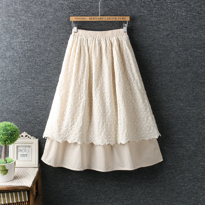 

Mori Girl Sweet Flower Embroidery Double Layer Cotton Skirt Elastic Waist Women Loose Cotton Long Skirt Lady Novelty Skirt Saia