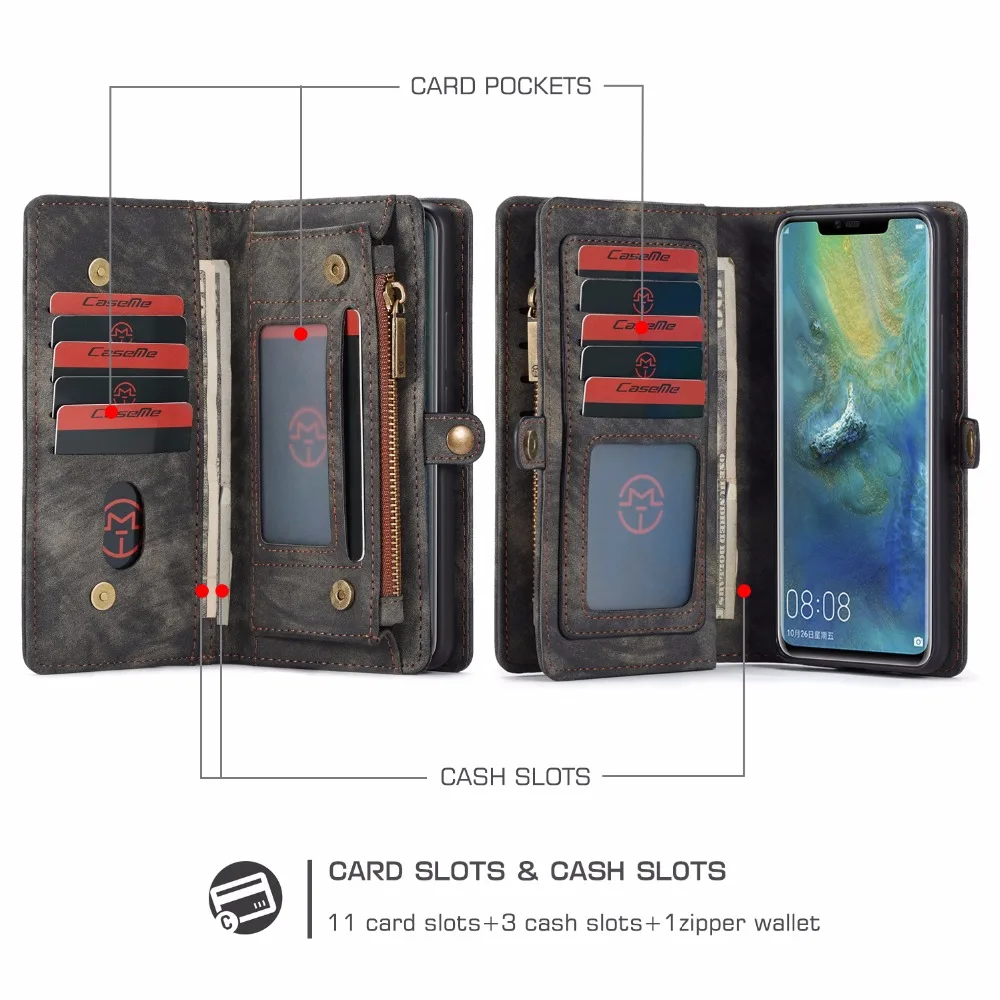 Роскошный кожаный чехол CaseMe для телефона Huawei Mate 20 Pro P20 P30 Lite Nova 3e 4e съемный