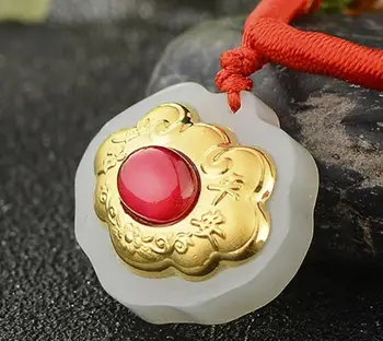 

3D gold inlaid jade inlay and Tian Yu old age safe pendantH28#