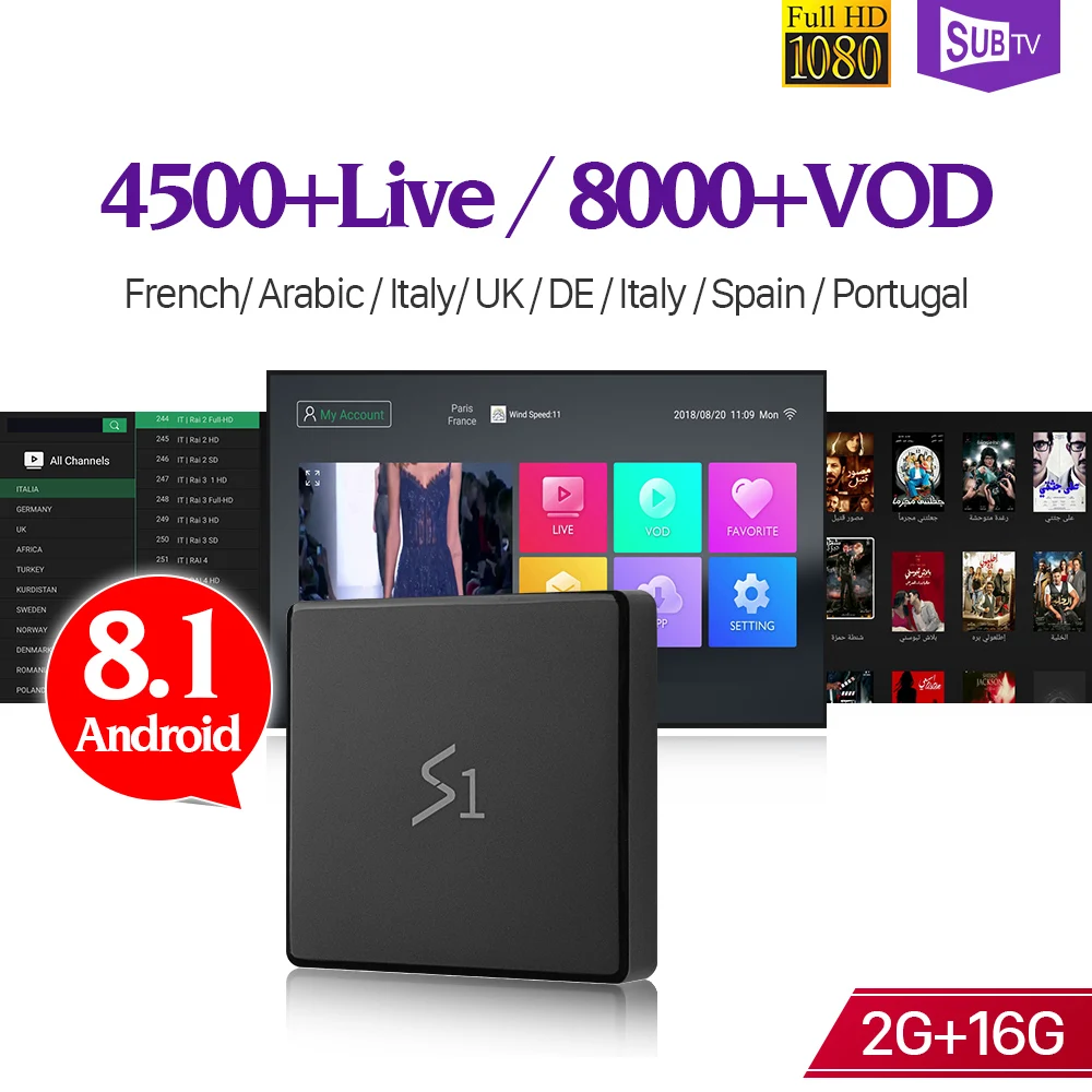 

IP TV France Arabic Android 8.1 Box Leadcool S1 with 1 Year SUBTV IPTV Code RK3229 Full HD IPTV Belgium French Spain Netherlands