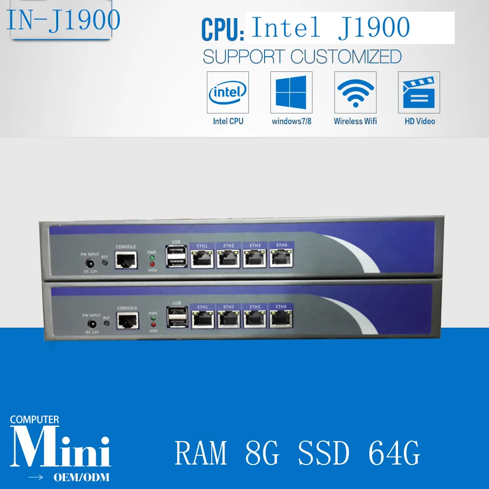 Дешевые Quad-core J1900 2,0 ГГц 4LAN брандмауэр сетевой сервер, сервер брандмауэр, шлюзовой маршрутизатор с Оперативная память 8 Гб на SSD 64G