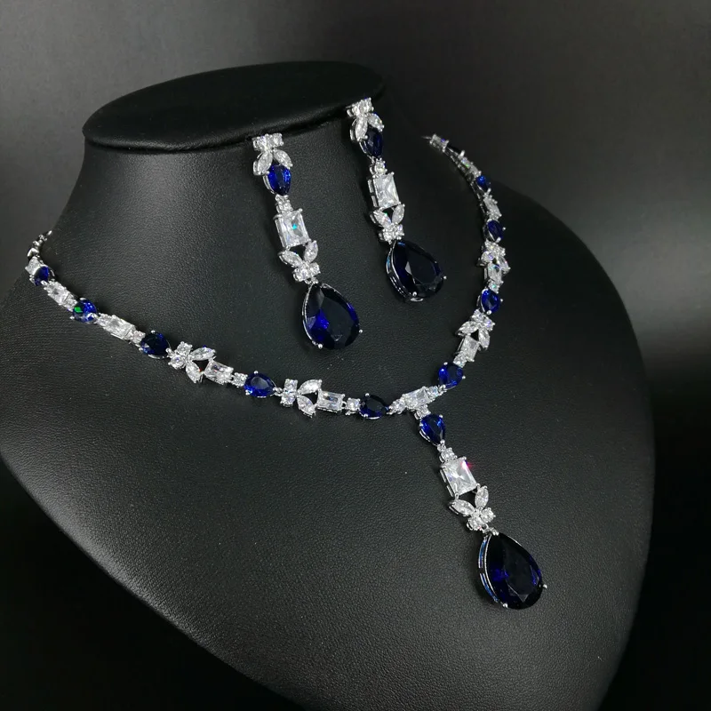 

2019 new fashion popular elegant blue water drop necklace earrings jewelry set wedding bride dressing banquet formal jewelry
