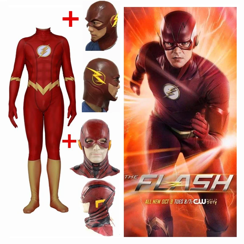 

New Barry Allen The Flash Cosplay Costumes Masks Women Men Spandex Zentai Jumpsuits With Latex Mask Tights Bodysuits Suit 2019