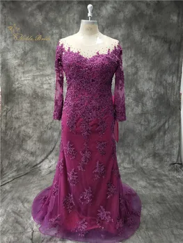 

2019 Elegant Plus Size Purple Long Sleeve Mother Of The Bride Dresses Lace Applique Beads Bow Back Mother Formal Evening Gowns