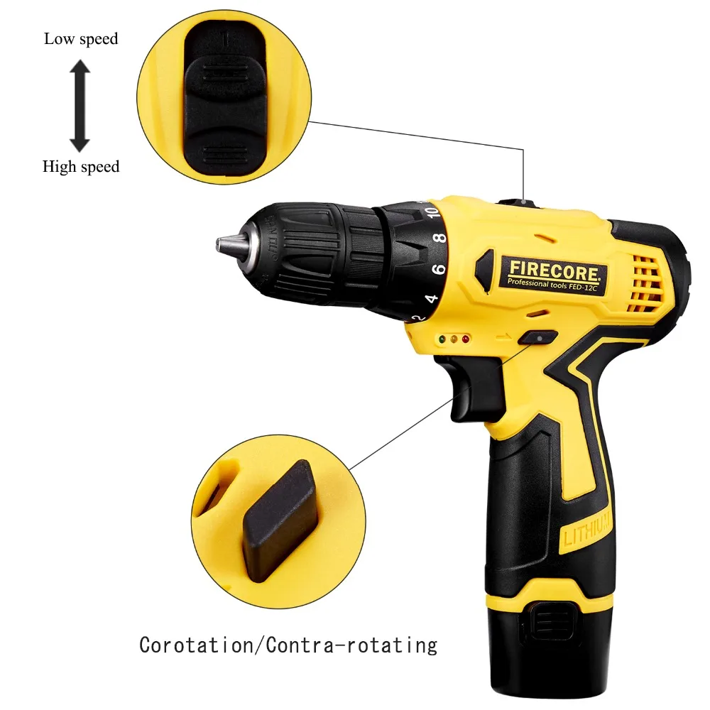 FIRECORE 12 V электрическая отвертка мини аккумуляторная дрель Перезаряжаемые литий Батарея электрическое сверло 2-Скорость Мощность Дисплей