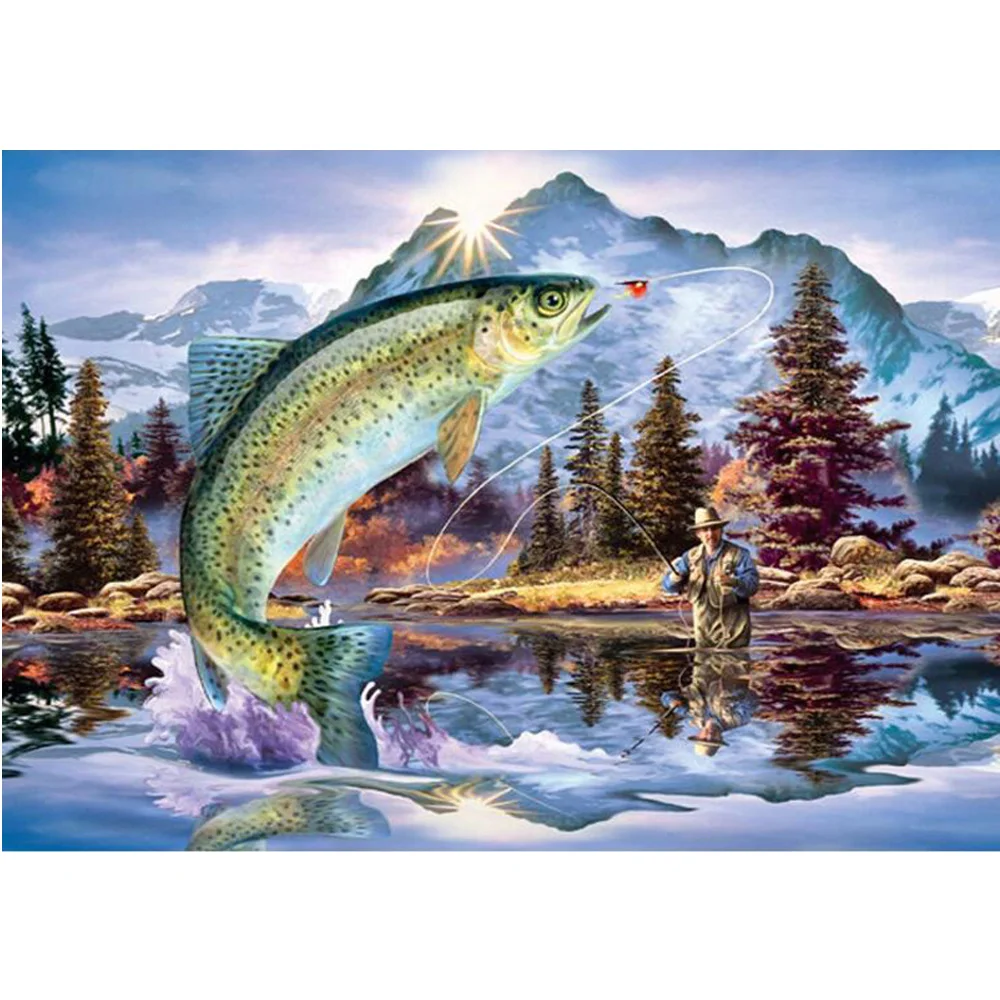 

NEW 3D DIY Diamond Painting Cross Stitch Fisherman Fishing Crystal Needlework Diamond Embroidery Full Diamond Decorative H1038
