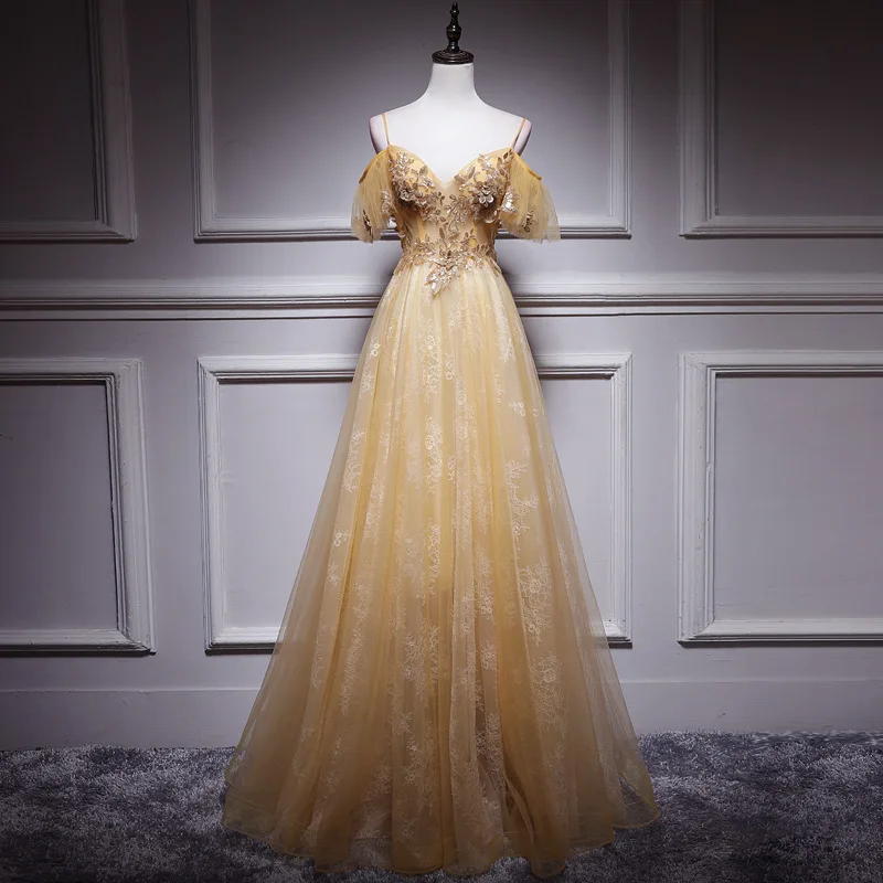 

Gold Noble Women Chiffon Banquet Dress Beauty Beach Slim Full Length Robe Gowns Sexy Deep V Neck Nightclub Dresses Vestidos