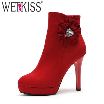 

WETKISS Flock Winter Women Ankle Boots Round Toe Footwear Crystal Bridal Ladies Boot Fashion Wedding Platform Shoes Women 2018