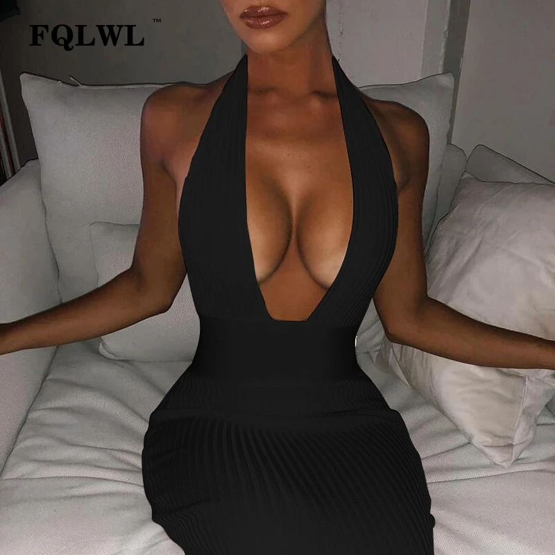 

FQLWL Halter V Neck Knitted Maxi Dress Women Cotton Wrap White Black Bodycon Long Dress Female Winter Ladies Sexy Party Dresses