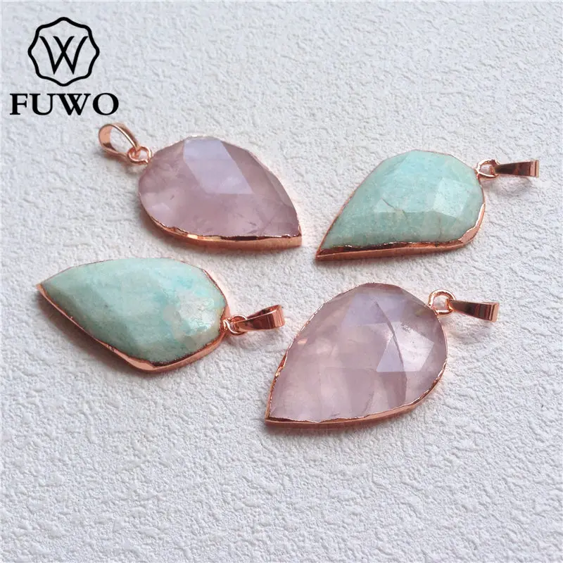 

FUWO Faceted Pink Quartz Amazon Stone Pendant With Rose Gold Filled Edge Genuine Natural Crystal Stone Pendants For Women PD197