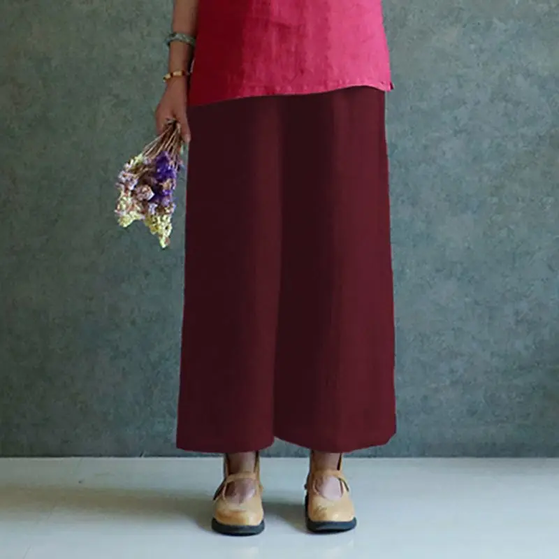 Винтажные женские широкие брюки Celmia, летние повседневные длинные брюки, мешковатые брюки палаццо с эластичной резинкой на талии, белые брюки размера плюс 5XL - Цвет: Wine Red