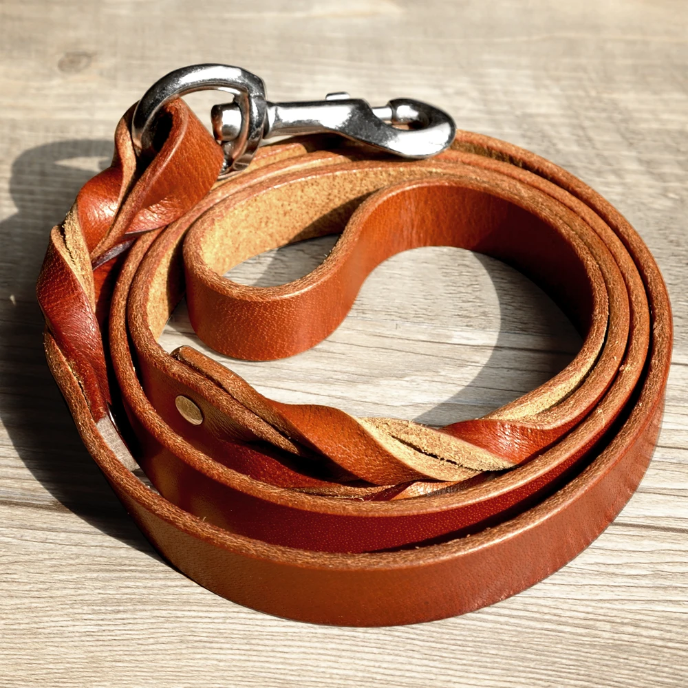 1.6 Width Genuine Braided Leather Dog Leash Walking Training Leads for German Shepherd Silver