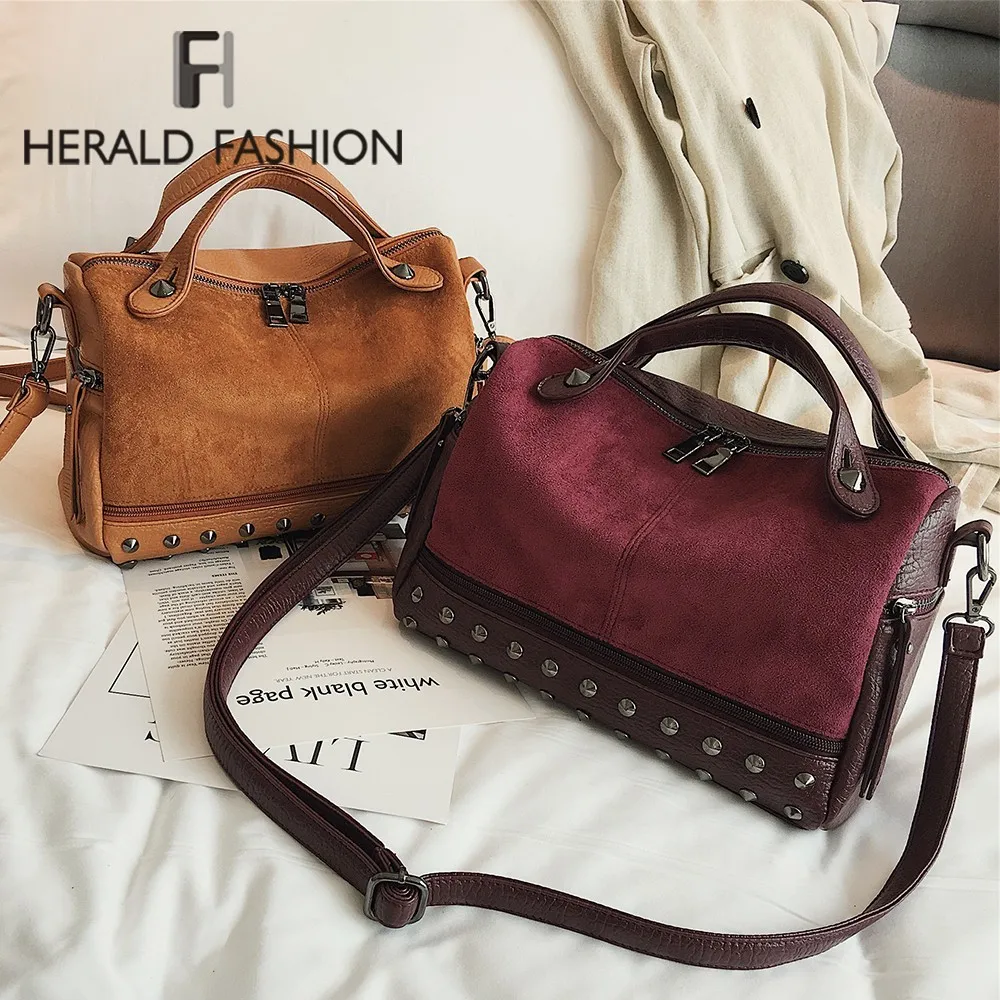 

Herald Fashion Large Quality Leather Female Shoulder Bag hot lady Top-handle Bags with Rivets Vintage Motorcycle Tote Bags Sac