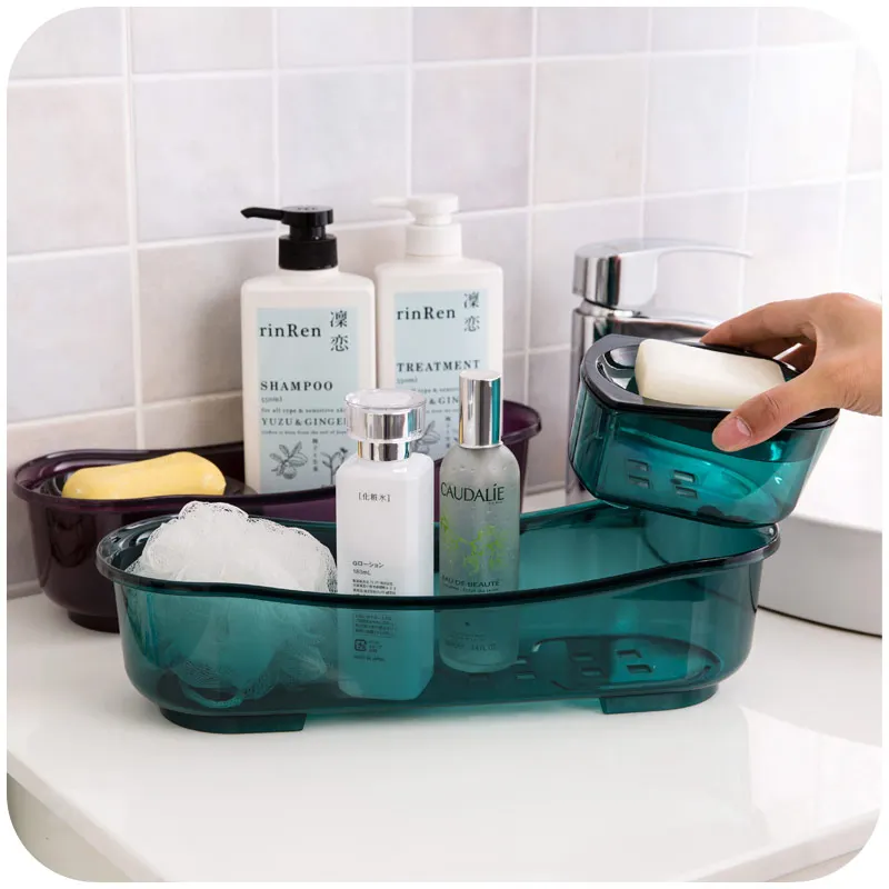 

Rectangular double organizer plastic box cosmetic sponge holder Drain basket rack for kitchen bathroom supplies