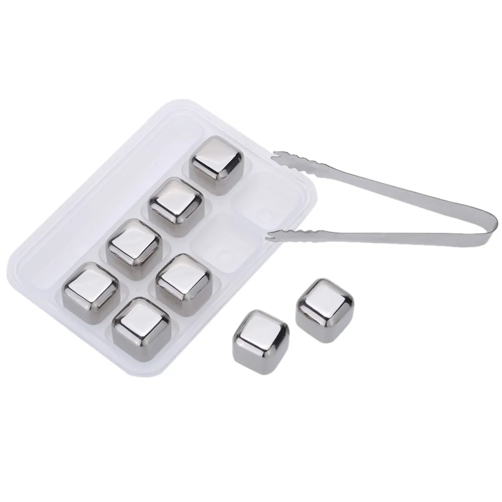 

8pcs/set Stainless Steel Wine Cooler Set Drinks Coolers Whiskey Chillers Reusable Ice Cube with Tongs Plastic Storage Case