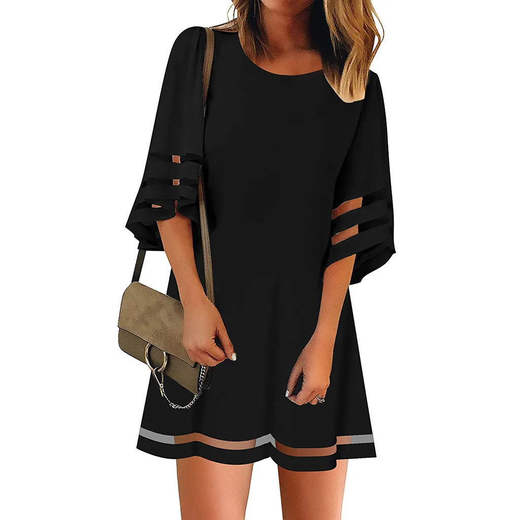 

2019 Fashion Women's Dresses O Neck Mesh Panel Blouse 3/4 Bell Sleeve vestidos Casual Summer Loose Top Shirt Dress