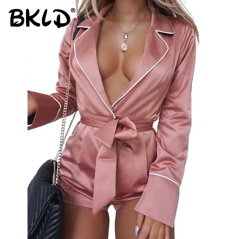 

BKLD Sexy V-neck Lace Up Bows Pajamas Women Clothes 2018 Spring Long Sleeve Short Jumpsuit Elegant Satin Onesies Ladies
