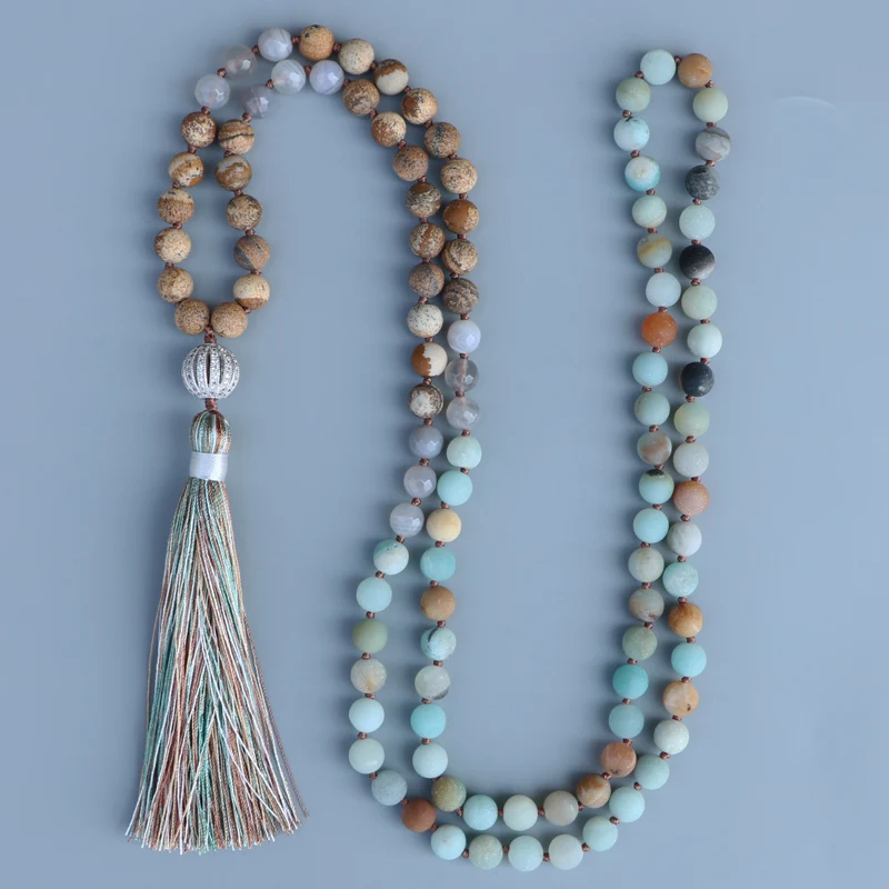 

EDOTHALIA Fashion Cubic Zirconial Ball Pendant Necklace For Women Girls 8MM Matte Amazoniate Stone 108 Beads Mala Necklaces