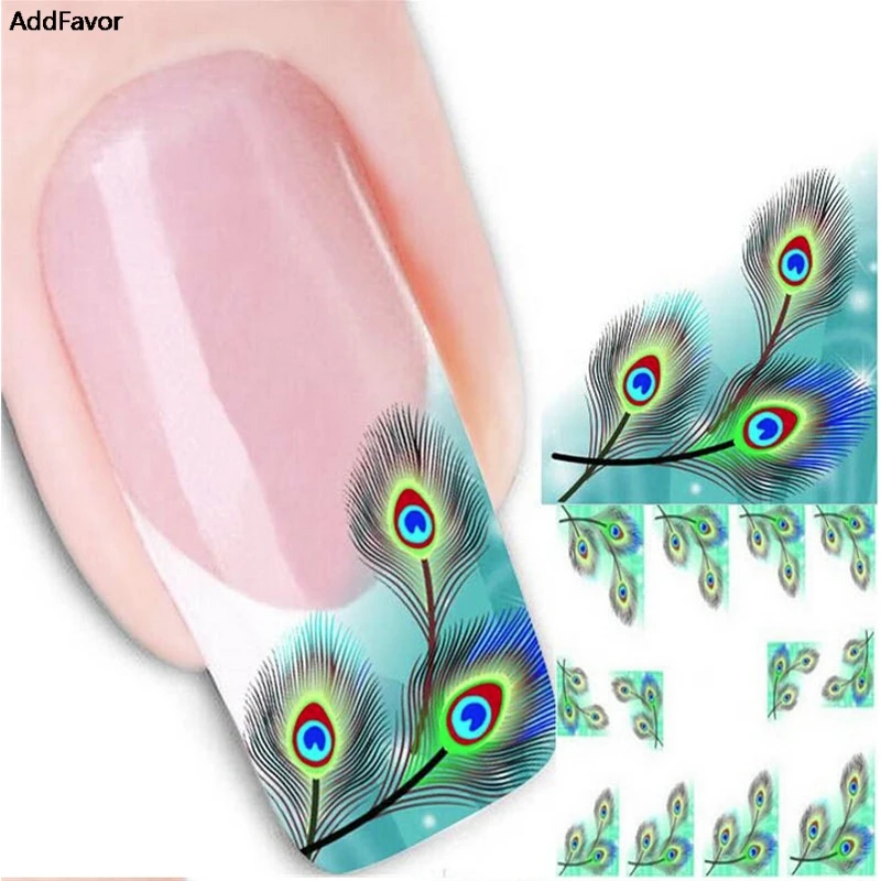 Набор наклеек для ногтей AddFavor маникюрный набор с 4 листами и перьями-павлинами |