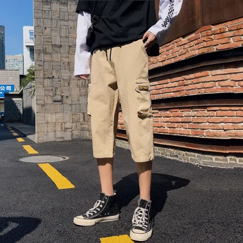 

Fashion Korean version of the Multi-pocket Overalls Men's Loose Casual Pants Youthful Handsome Straight Cropped Trousers