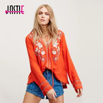 

Jastie Vintage Embroidery V-Neck Sexy Top Boho High Low Hem Women Shirt Tops Long Sleeve Blouse Casual Chic Blusa Blouses