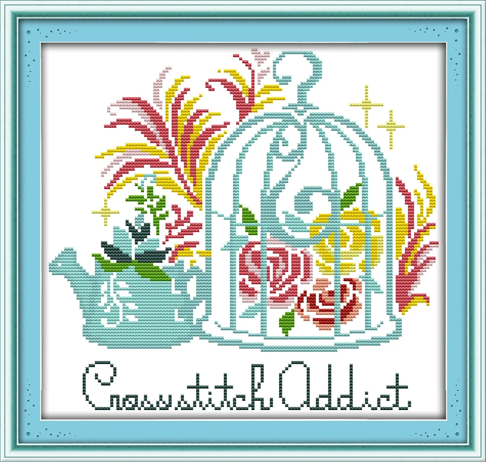The bird cage and the teapot Cross Stitch Kits Printed Canvas DMC
