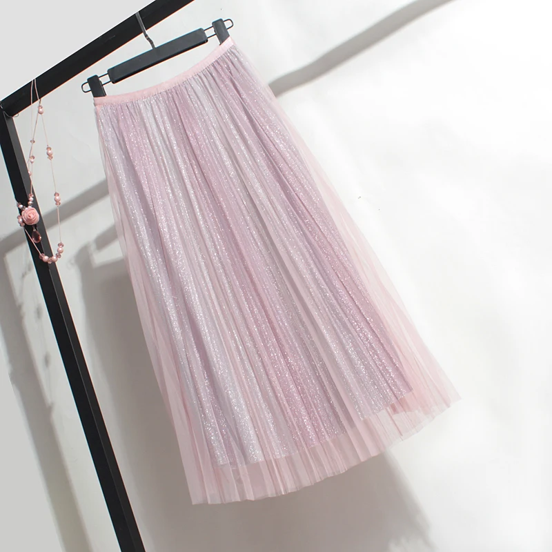 

Gradient Color Sequins Long Tulle Skirts Elegant Vintage Casual A-line Soft Pleated Women Skirt Straight Large Size Summer