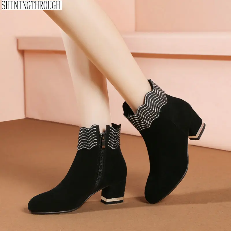 

Women ankle boots high heels ladies dress shoes woman rouned toe black suede leather autumn winter boots large size 43