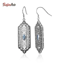 Szjinao винтажные богемные 925 стерлингового серебра длинные серьги с аквамарином индийские этнические Драгоценности Стиль Женщин Рождественский роскошный подарок
