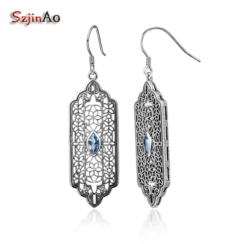 

Szjinao Vintage bohemian 925 Sterling Silver Long Aquamarine Earrings Indian Jewelry Ethnic Style Women christmas Luxury gift