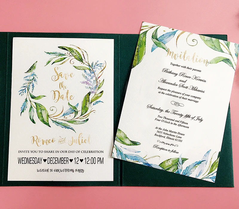 Персонализированное приглашение на свадьбу зеленый карман приглашение-набор из 50