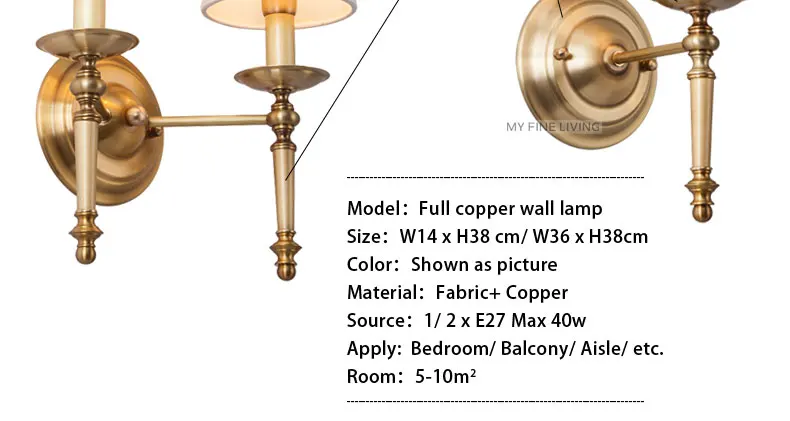 Современный настенный светильник из настоящей меди, настенные бра, тканевый абажур, зеркало для ванной комнаты, прикроватные светильники для шкафа, домашнее освещение BLW038