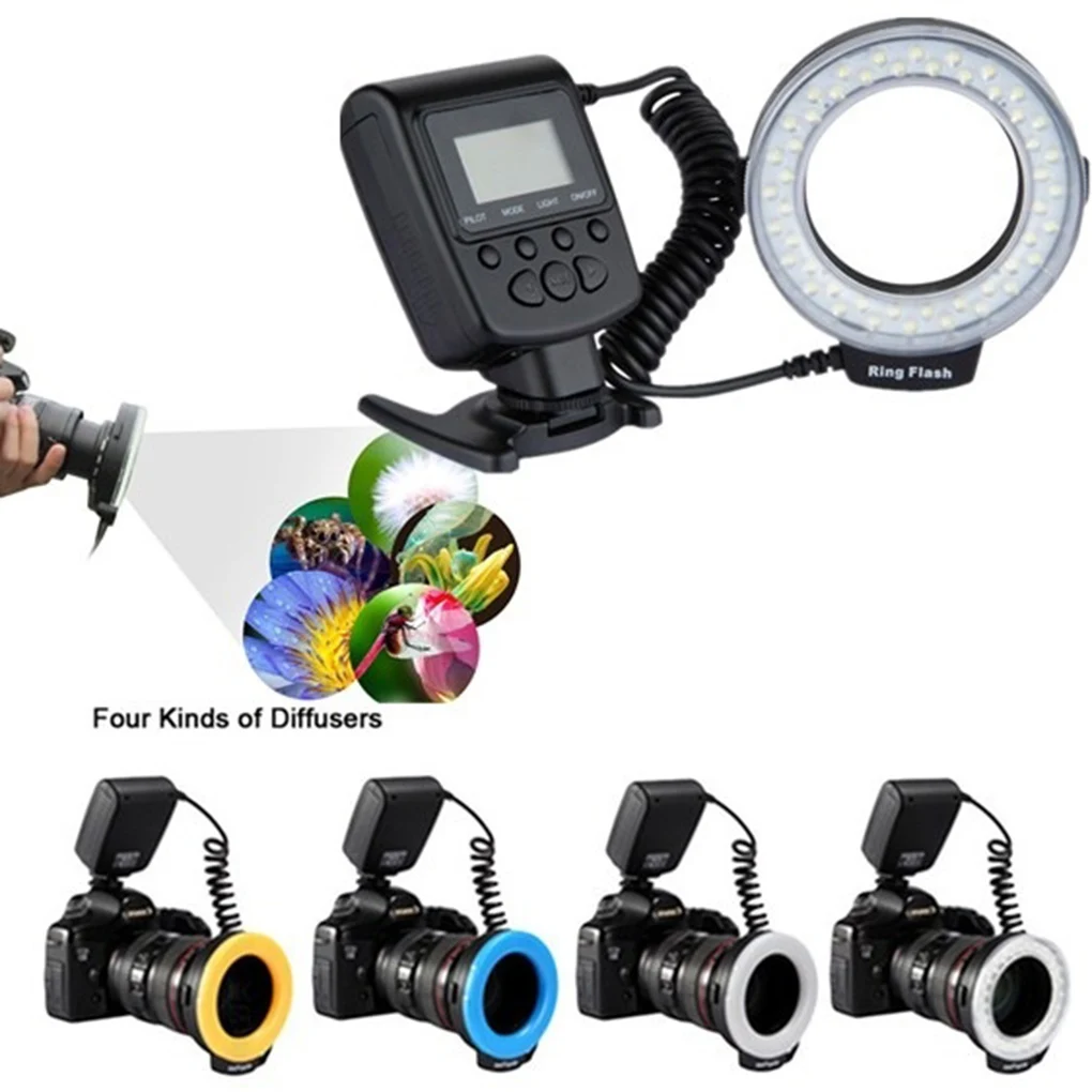 

Marco LED Ring Flash Light 8 Lens Adapters 4 Flash Diffusers LCD Display Replacement For DSLR Nikon Canon Camera