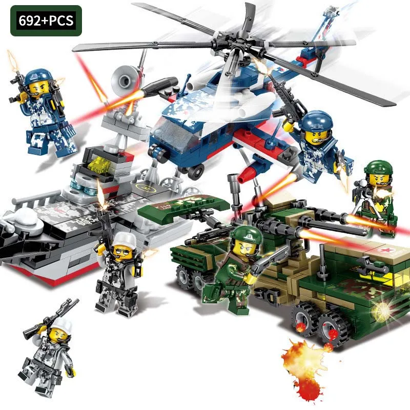 

692pcs Military series Helicopter minesweeper armored vehicle Special Police Team army Soldier Building Blocks children Gifts